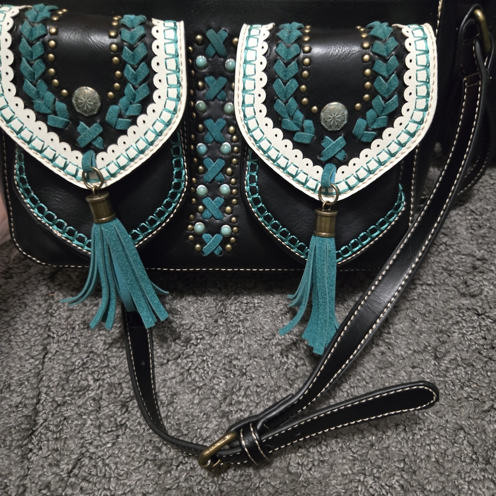 Montana West Black and Teal Embroidered Shoulder Bag